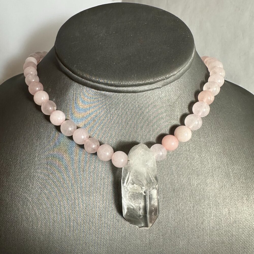 Clear Crystal Quartz Rose Quartz Pendant Necklace Handmade Silver Choker Gift - Picture 4 of 10